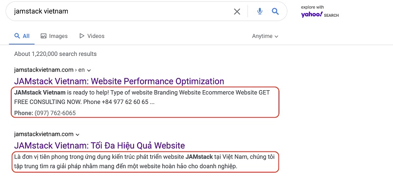 Thẻ meta description tr&ecirc;n website JAMstack Vietnam