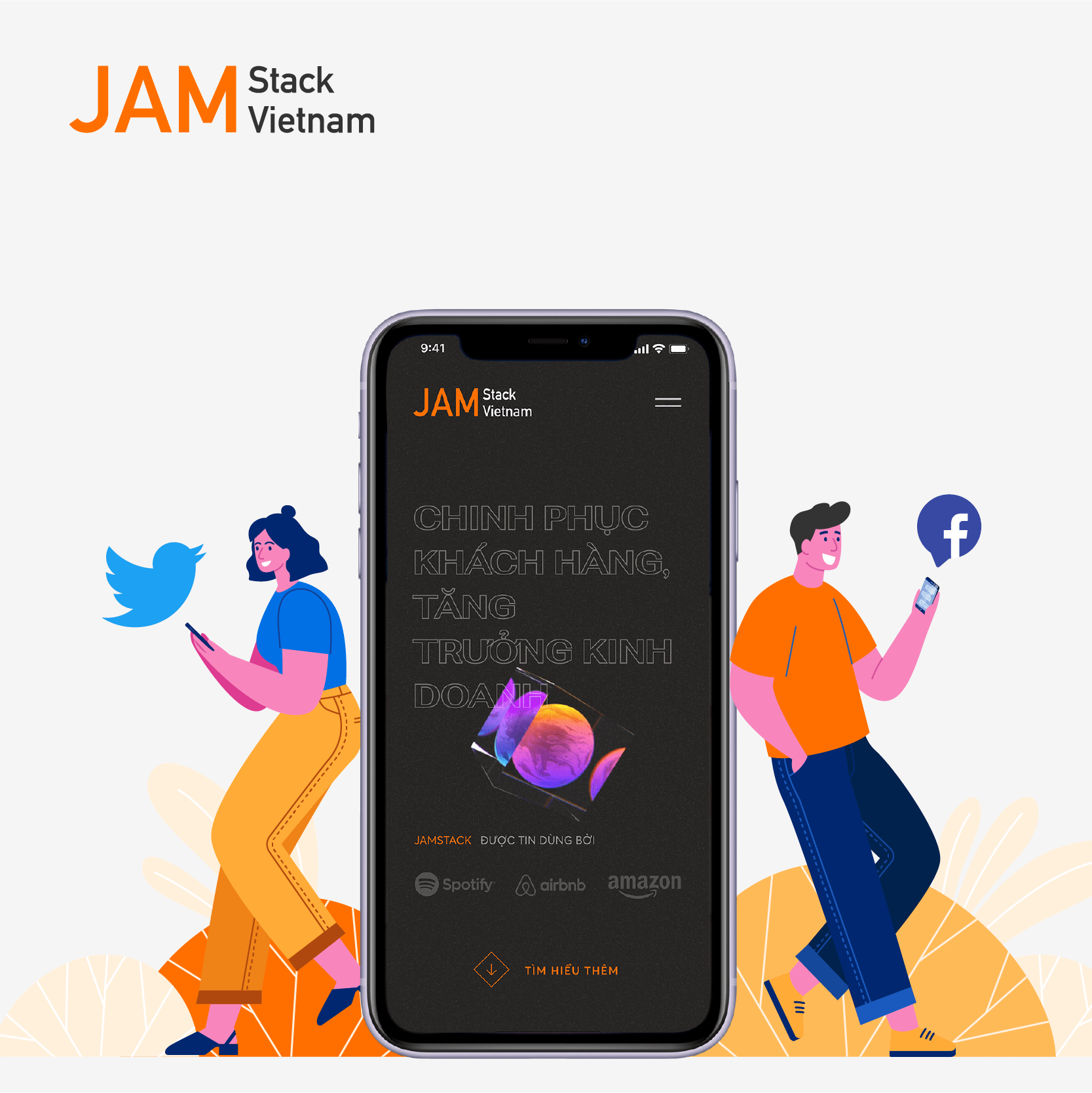 hai người đang d&ugrave;ng facebook v&agrave; twitter để truy cập website của JAMstack Vietnam